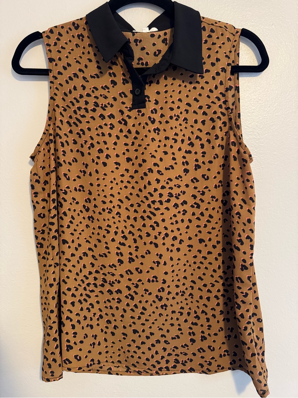 Pleione Tan Leopard Print Sleeveless Polo Top with Black Collar